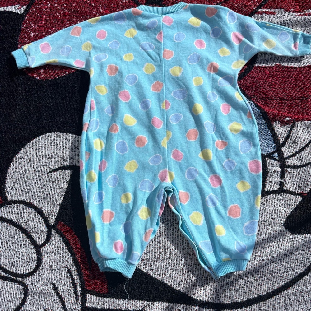 VINTAGE ONEITA KIDS BLUE GRAPHIC PRINT ONE PIECE PAJAMAS ROMPER SIZE 12 MONTHS - Picture 2 of 5